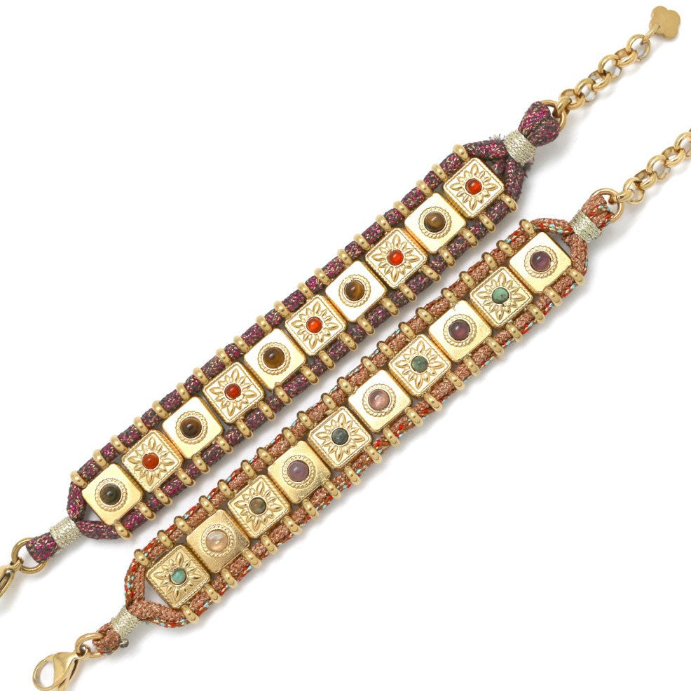 Two gold bracelets with colored stones on a white background, featuring the brands moonocc and Habana Paris.