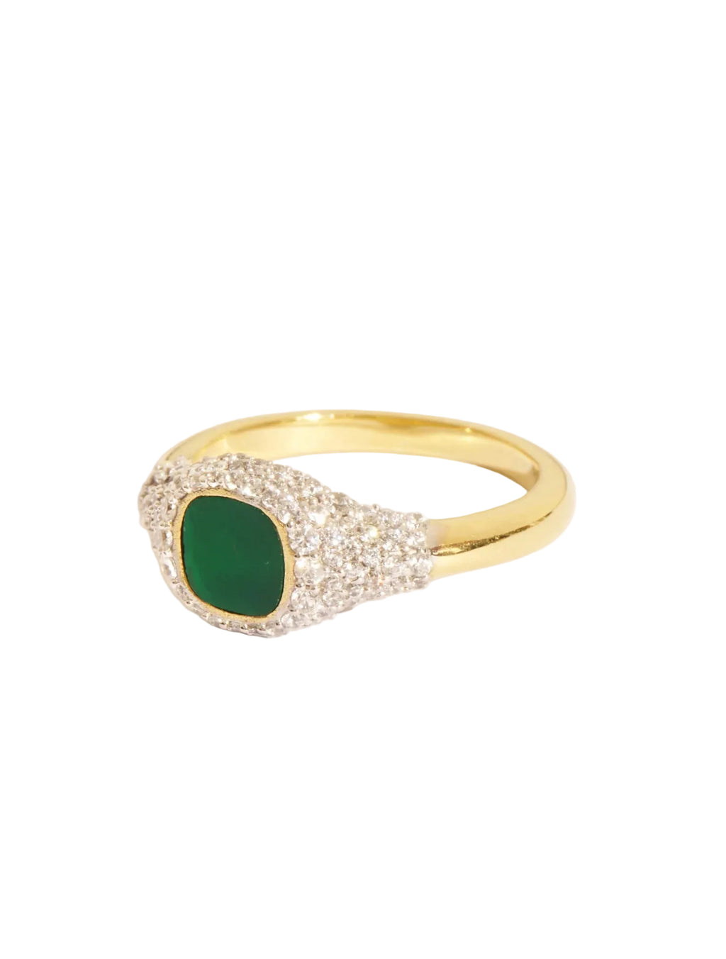Gold ring with a green gemstone on a white background