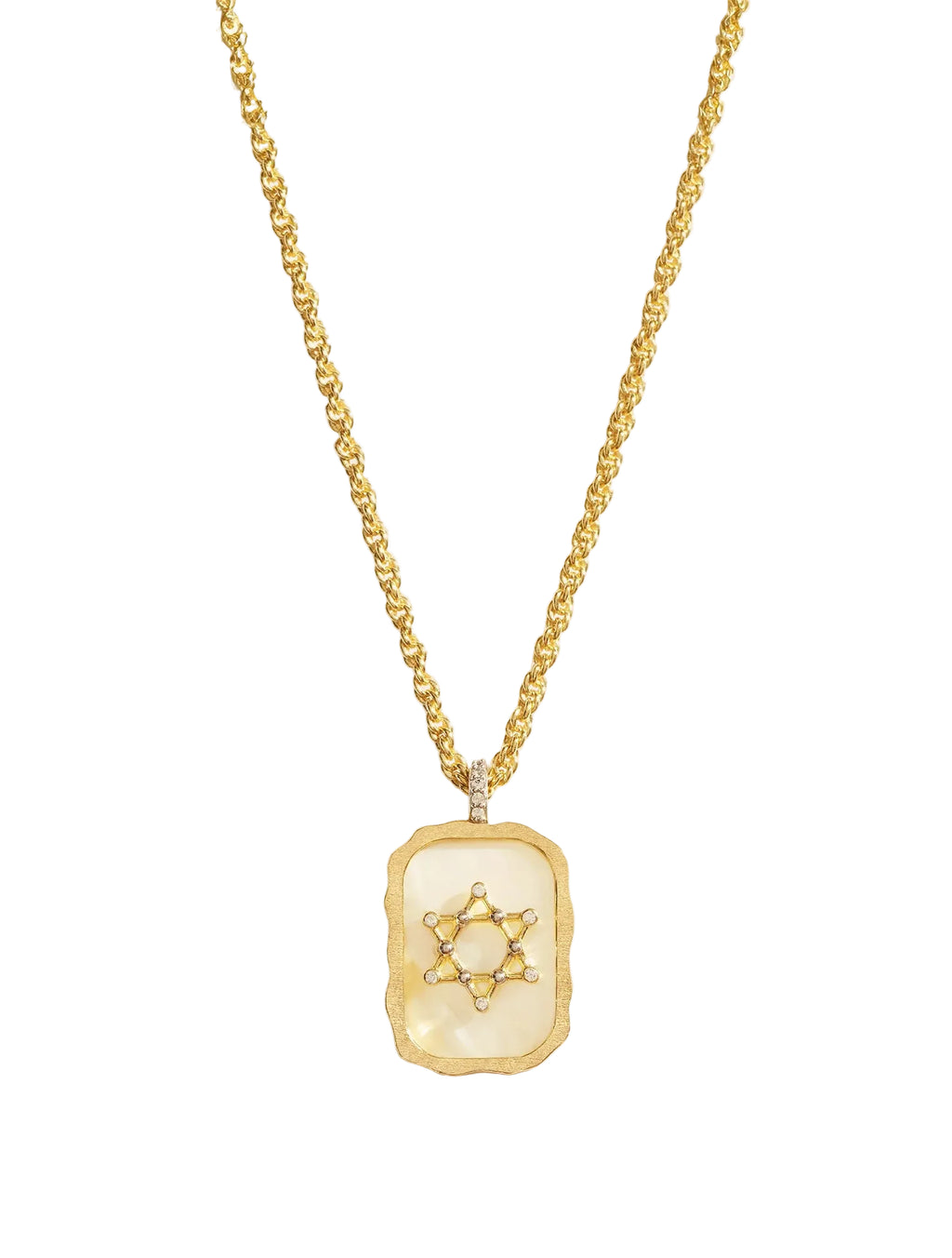 Gold necklace with a rectangular pendant featuring a star design on a white background