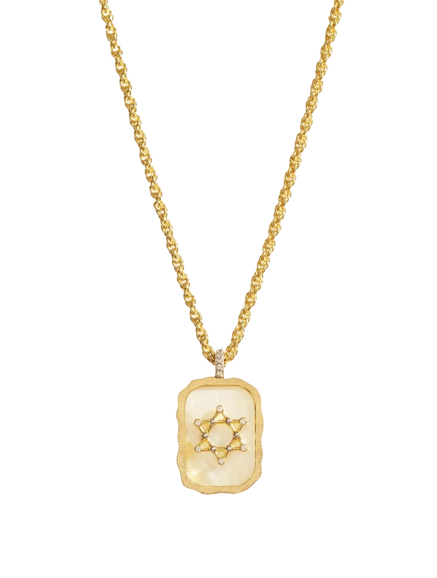 Gold necklace with a rectangular pendant featuring a star design on a white background