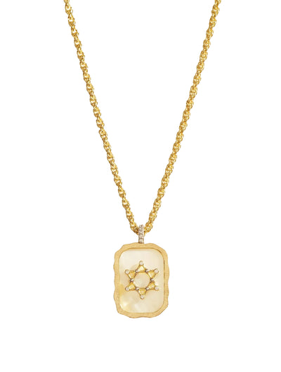 Gold necklace with a rectangular pendant featuring a star design on a white background