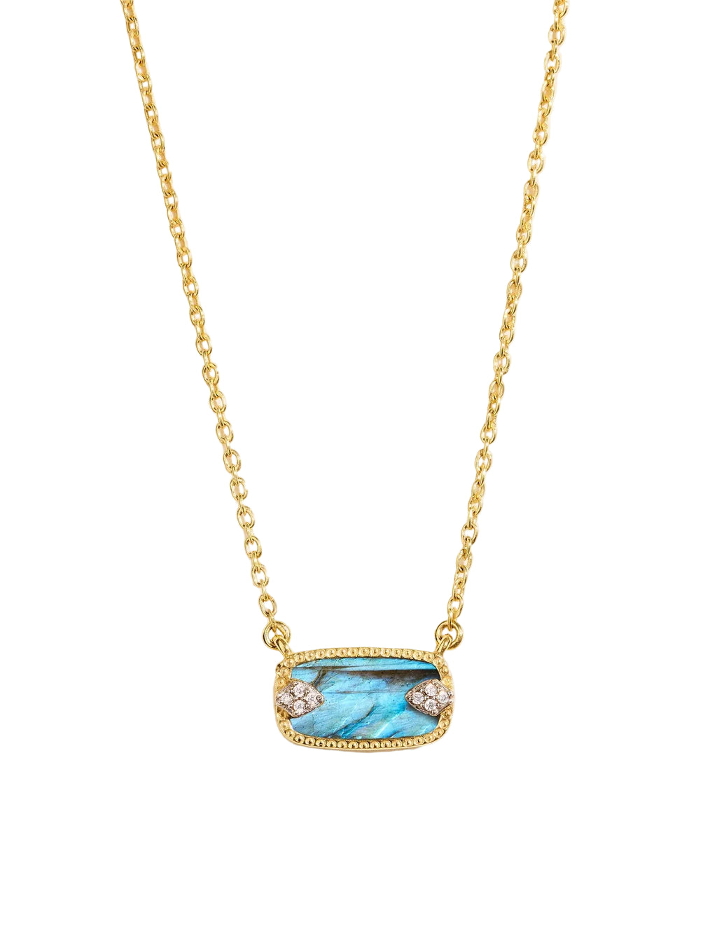 Gold necklace with a blue gemstone pendant on a light beige background