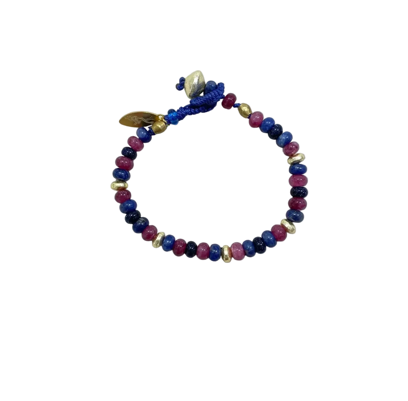A beaded stretch bracelet featuring alternating dark blue, magenta, and black beads, accented with small gold spacer beads and a gold leaf charm, finished with a blue cord adjustable slider clasp.