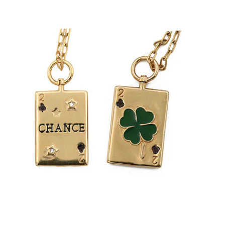 Gold necklace with card charms on a white background