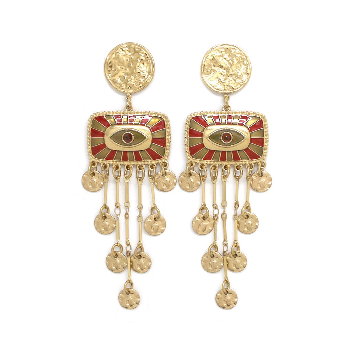 Gold and red earrings with eye design.
