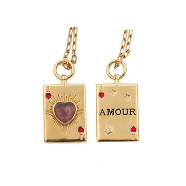 Gold necklace with heart pendant and small rectangular pendants on a white background