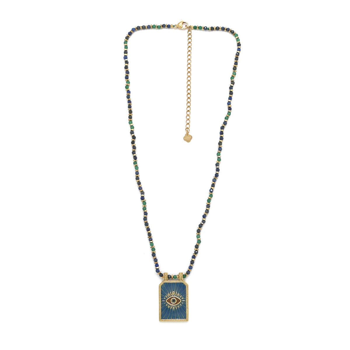 Necklace with a rectangular pendant on a white background.