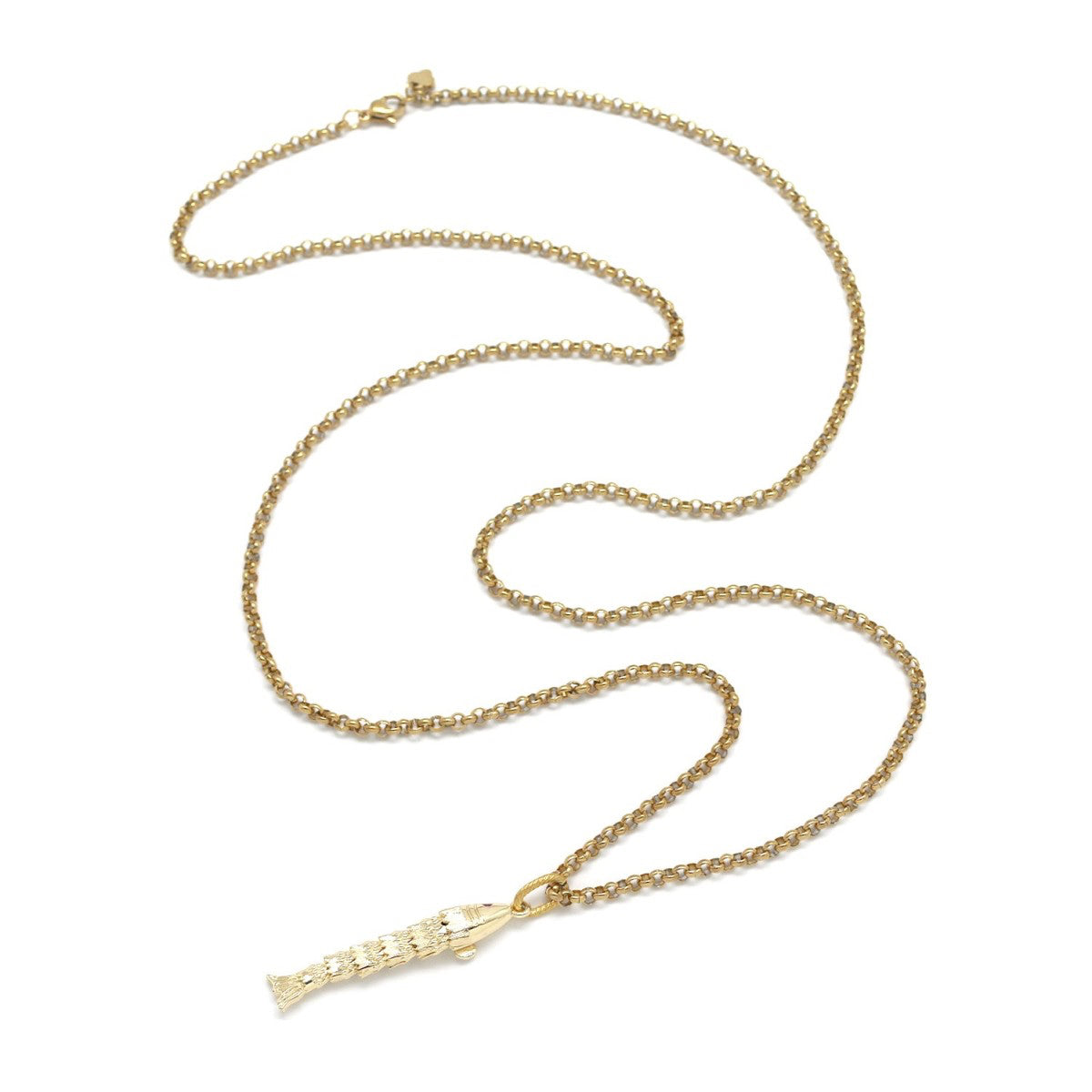 Gold necklace with a clasp on a white background.